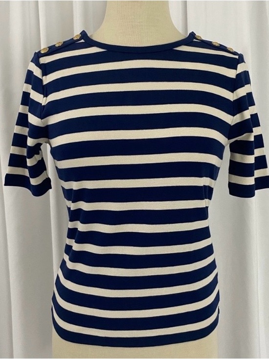 J. Crew Tops - J. Crew Navy and White Striped Short Sleeve Top with Shoulder Buttons